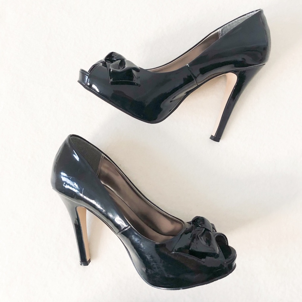 Zara Black Peep Toe Stiletto Heels Bow Detail Faux Vegan Patent Leather Shoes - Picture 6 of 16